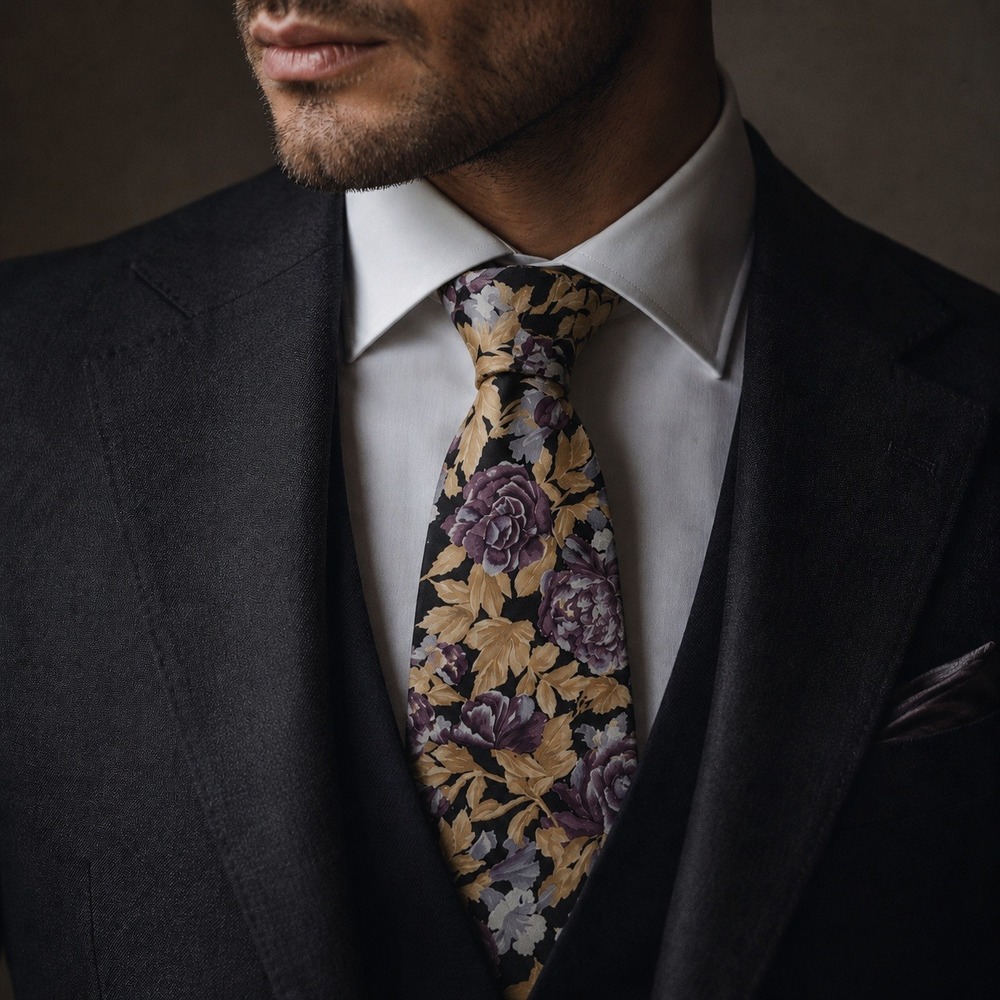 Cellini Collection Silk Floral Rose Necktie Black Purple USA Tie 3.5"